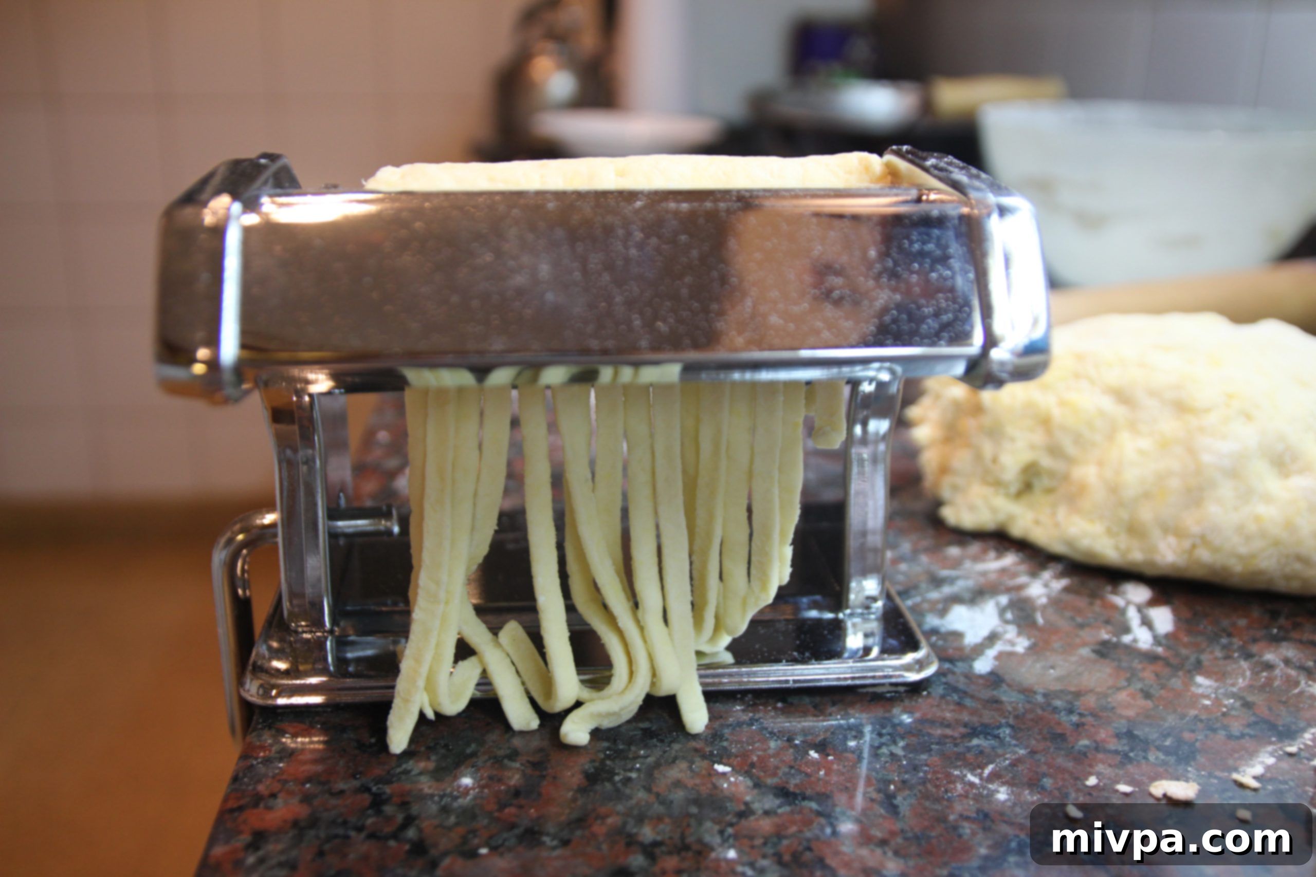 Close-up of fresh pasta strands coming out of the machine.