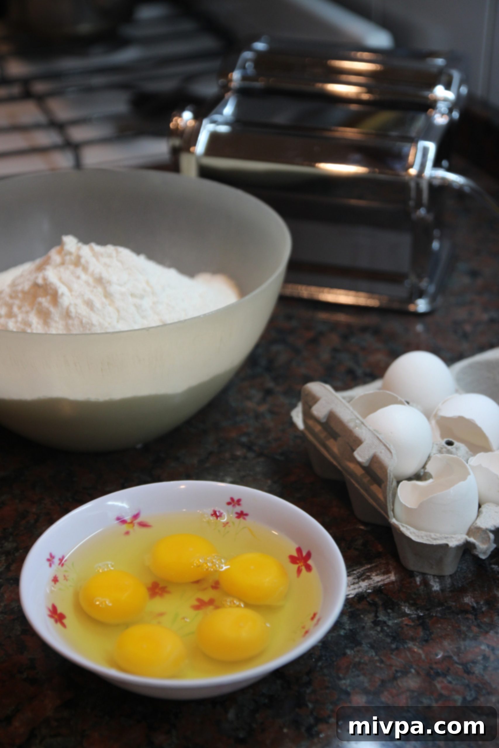 Close-up of flour being prepared for pasta making.