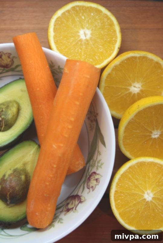 Avocado, oranges & carrots