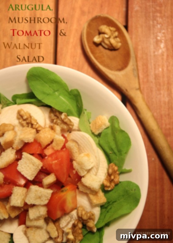 Finished Arugula, Mushroom, Tomato & Walnut Salad, beautifully plated