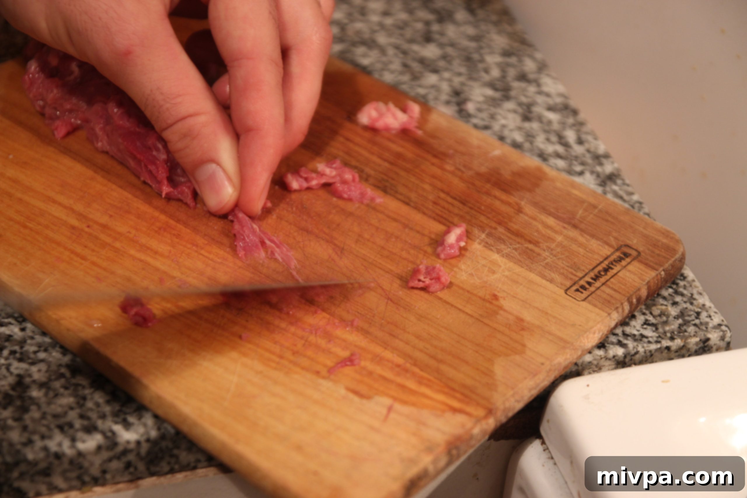 Close-up of finely chopped beef ready for Steak Tartare
