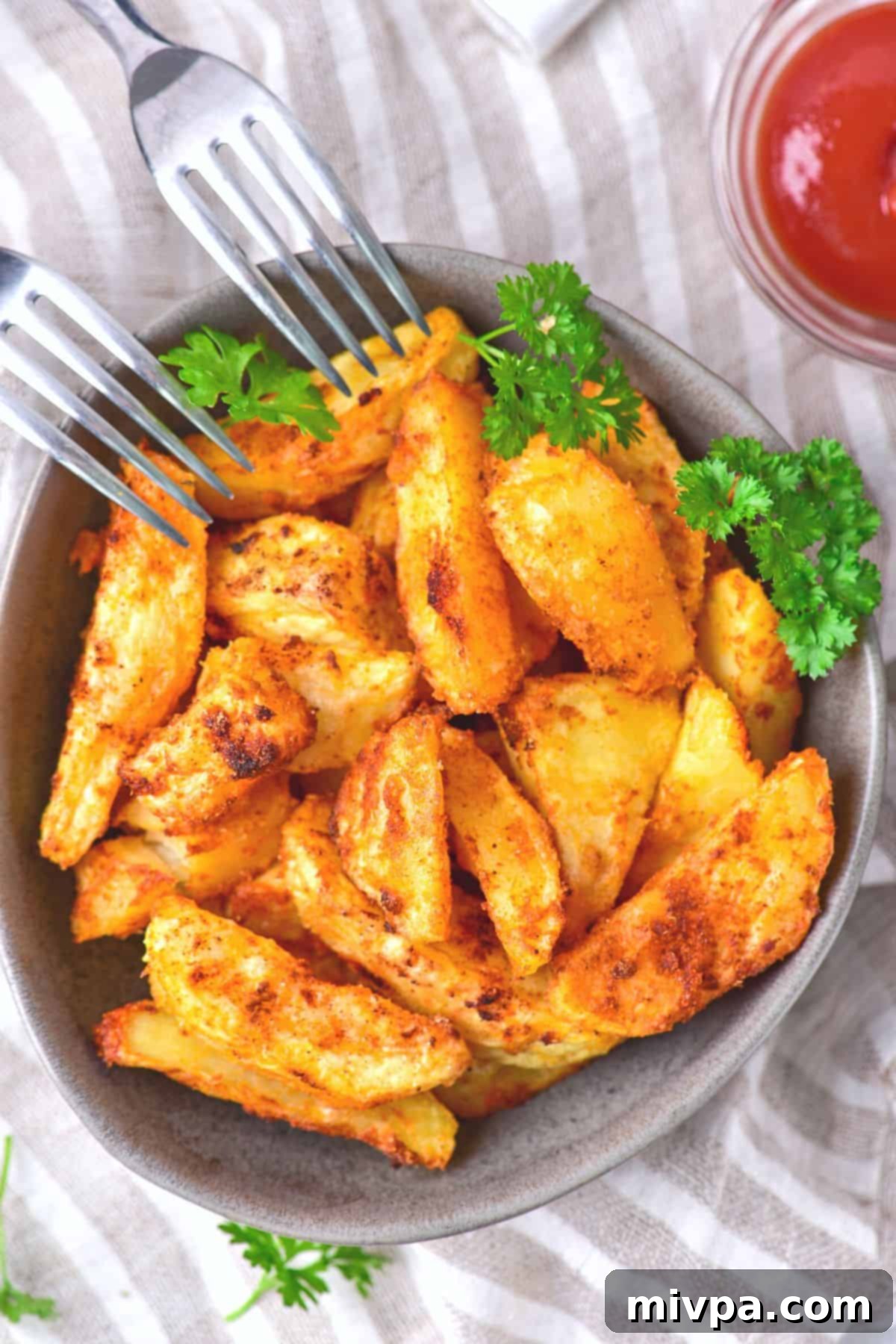 Forks resting on a bowl with crispy air fryer potato wedges, inviting you to grab a bite.