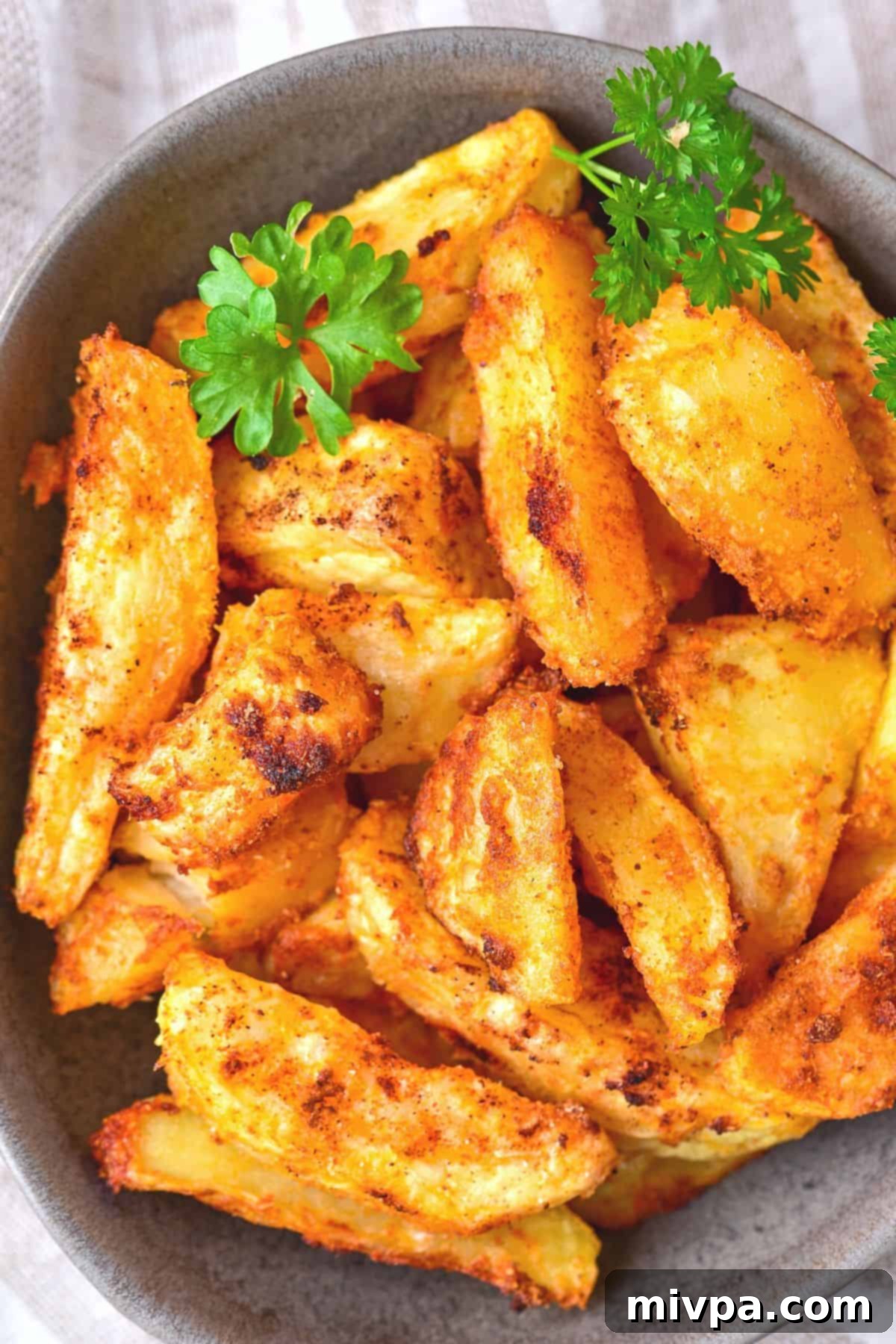 Top-down shot of a bowl brimming with perfectly golden and crispy air fryer potato wedges.