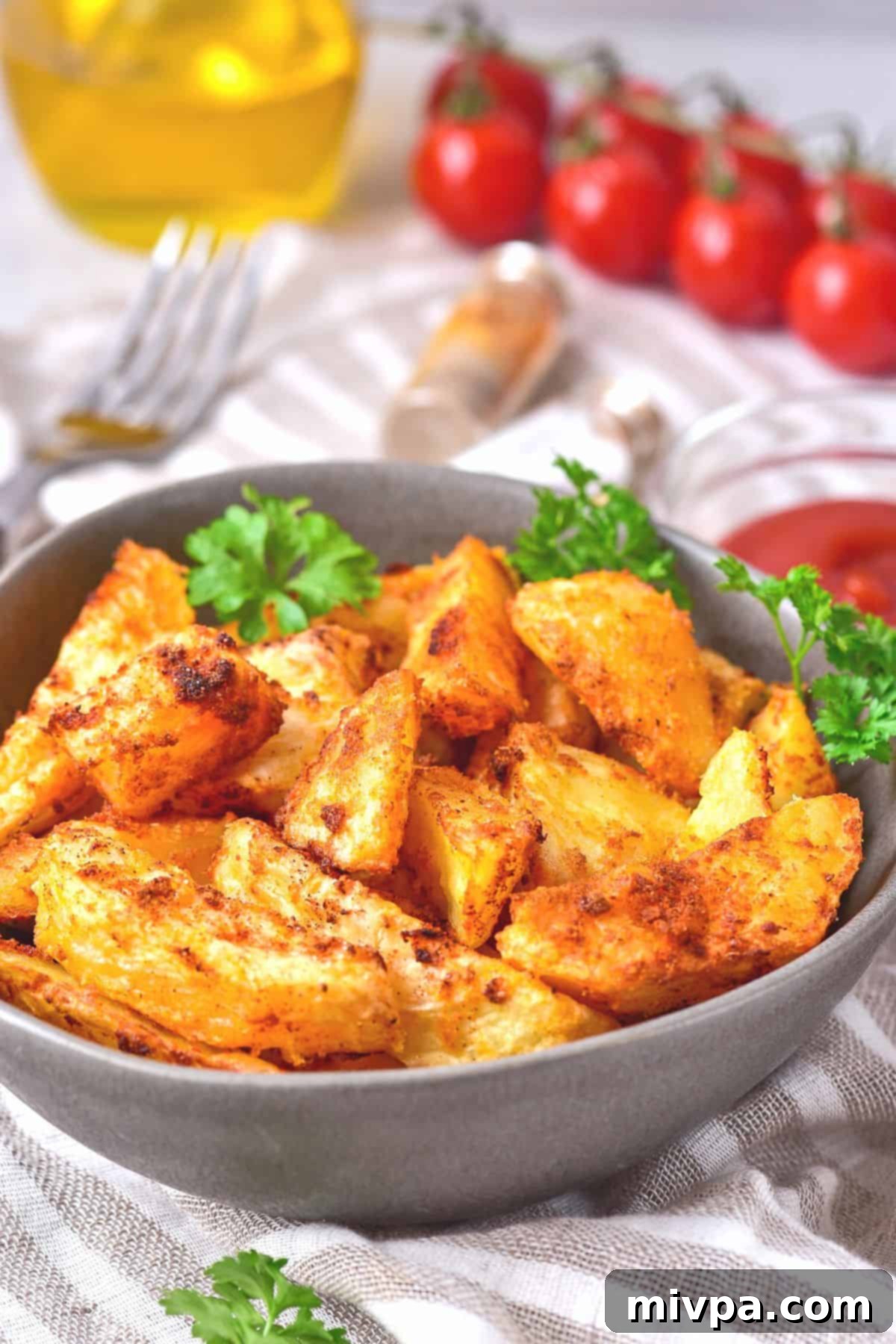 A stylish grey bowl filled with freshly made, crispy air fryer potato wedges, garnished and ready for dipping.