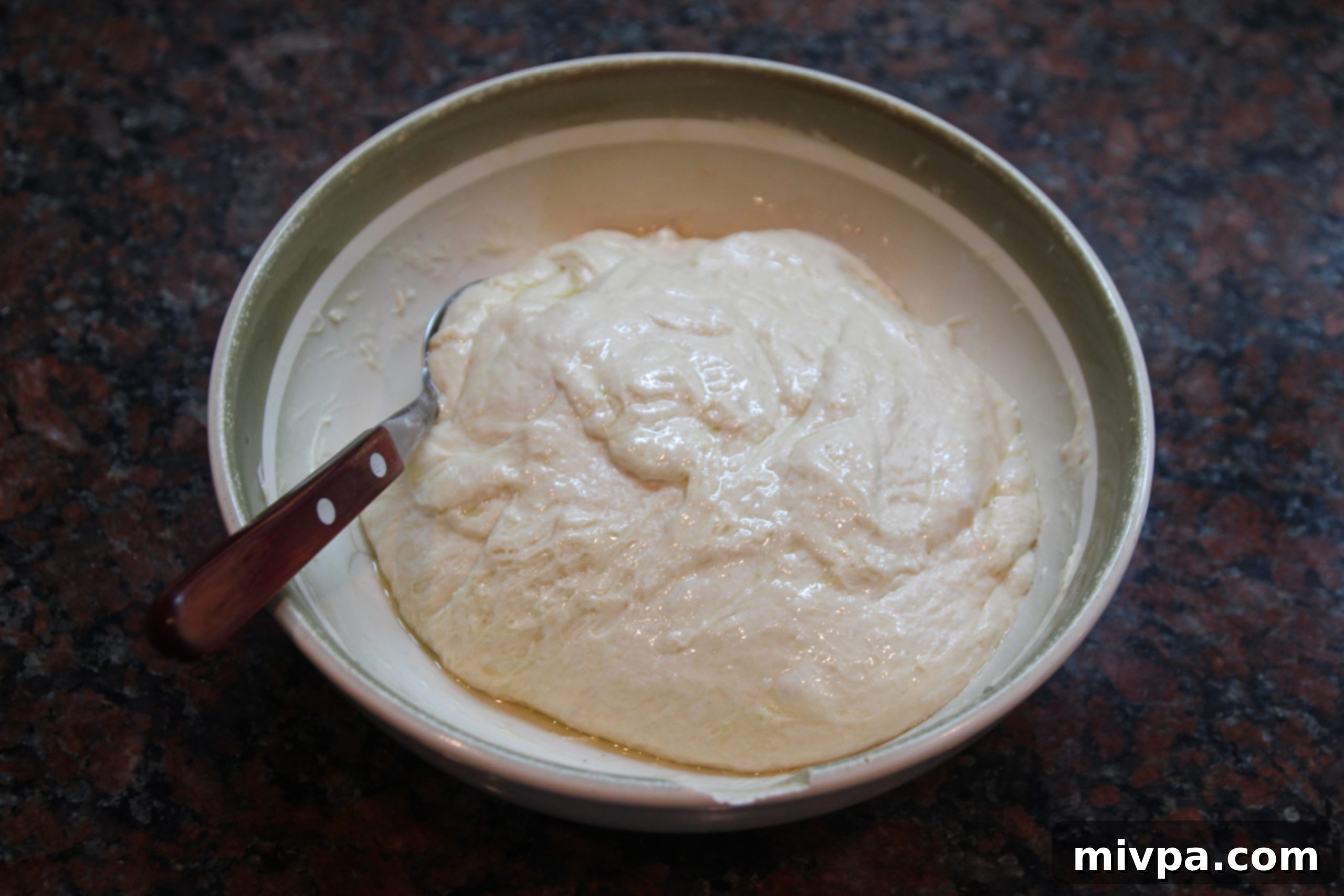 Ciabatta dough after being gently punched down and ready for its second rise