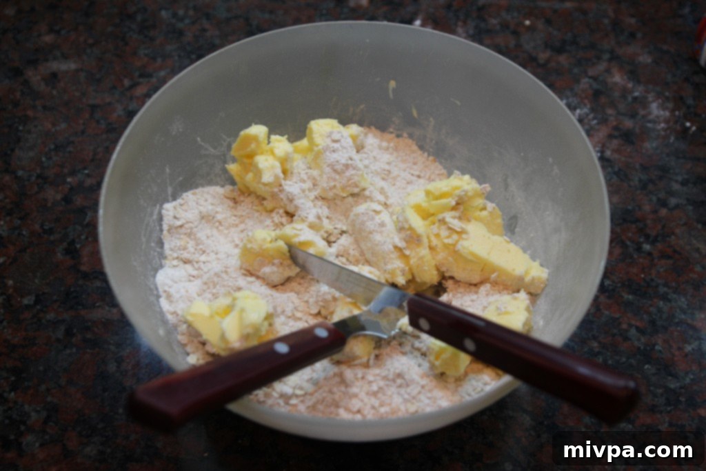 Adding cubed butter to the dry ingredient mixture for the oat bars.