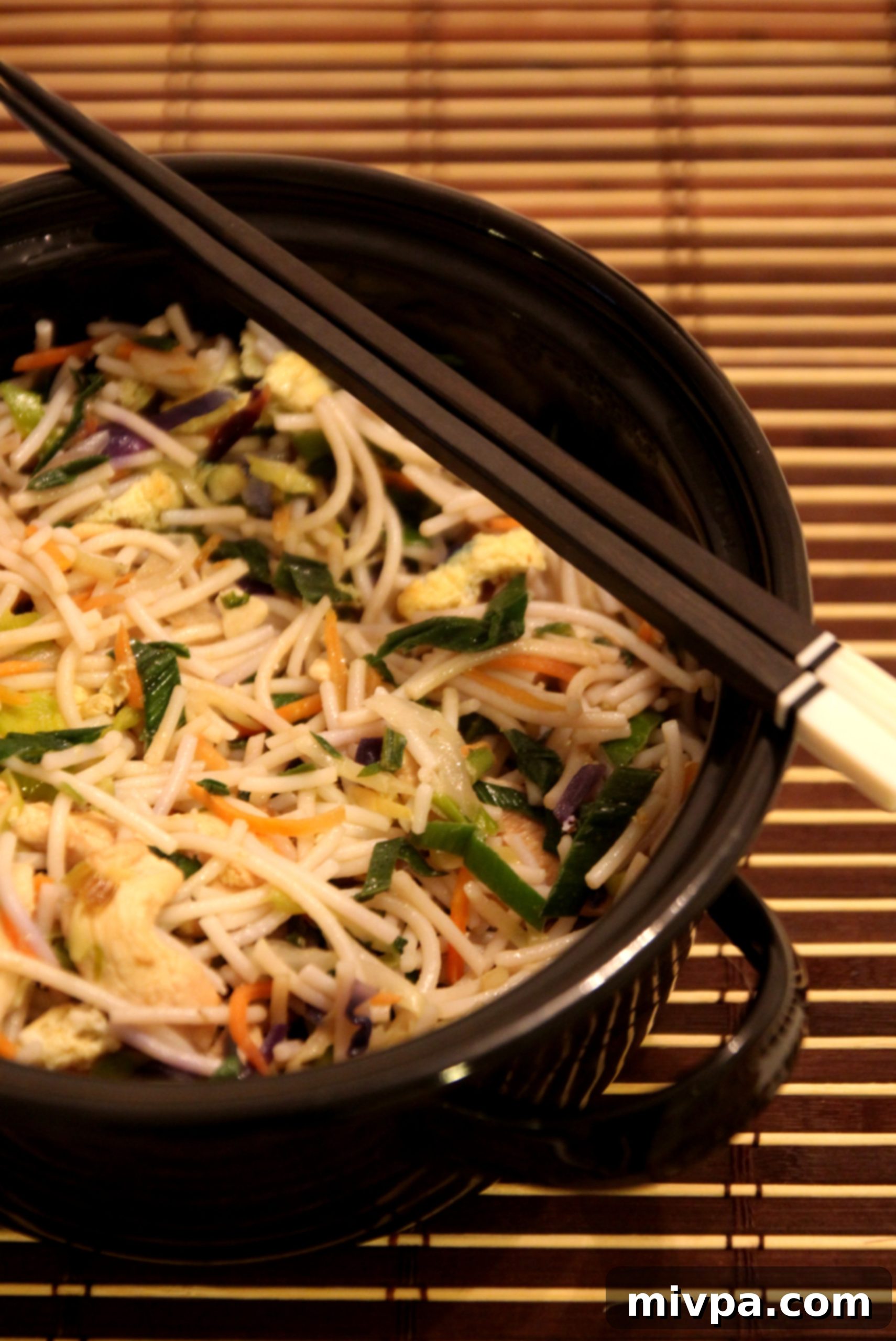 Close-up of Asian-Style Chicken & Vegetable Rice Noodles, perfectly stir-fried