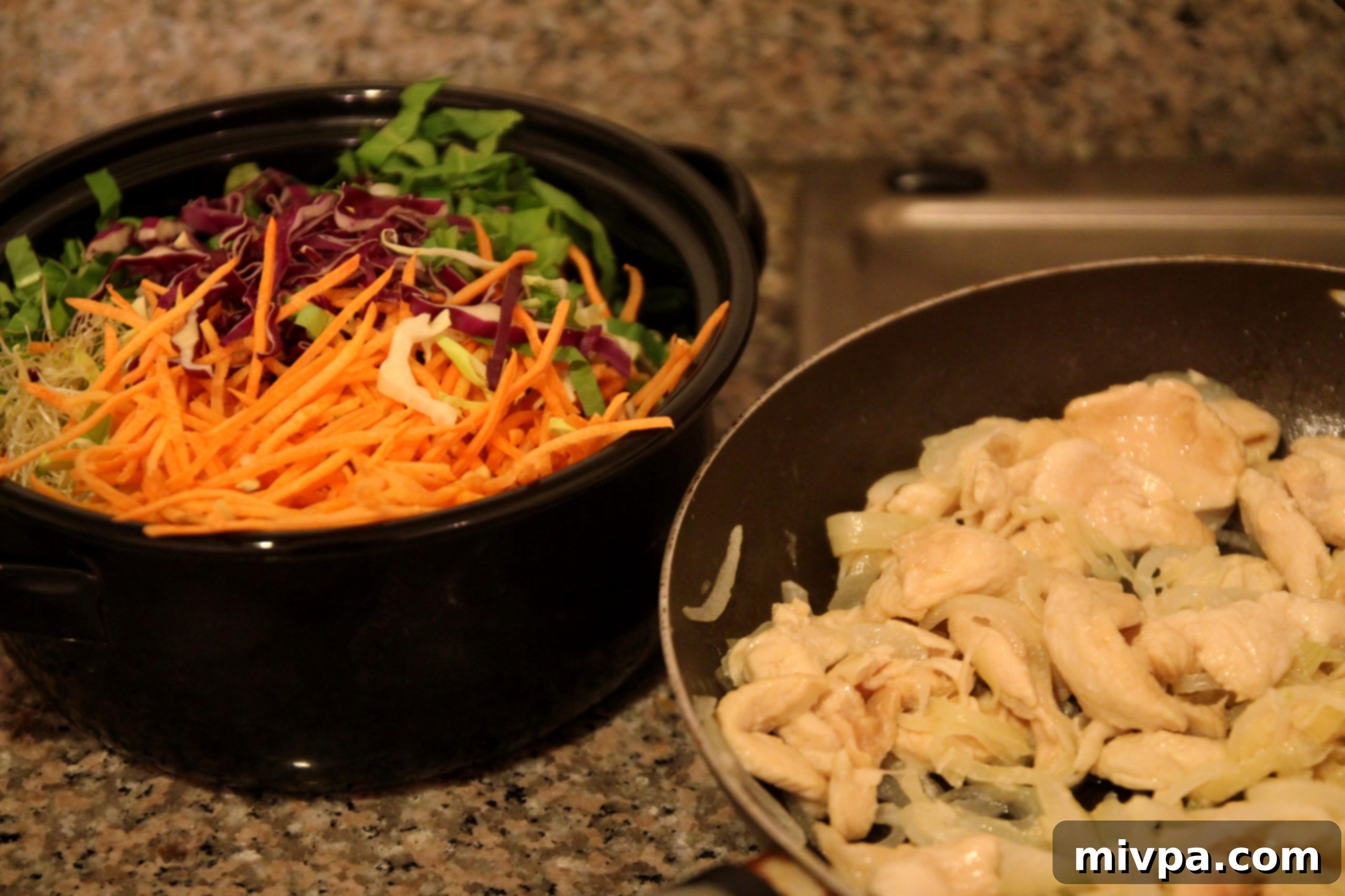 Step 3: Sautéing onions and marinated chicken strips in a saucepan