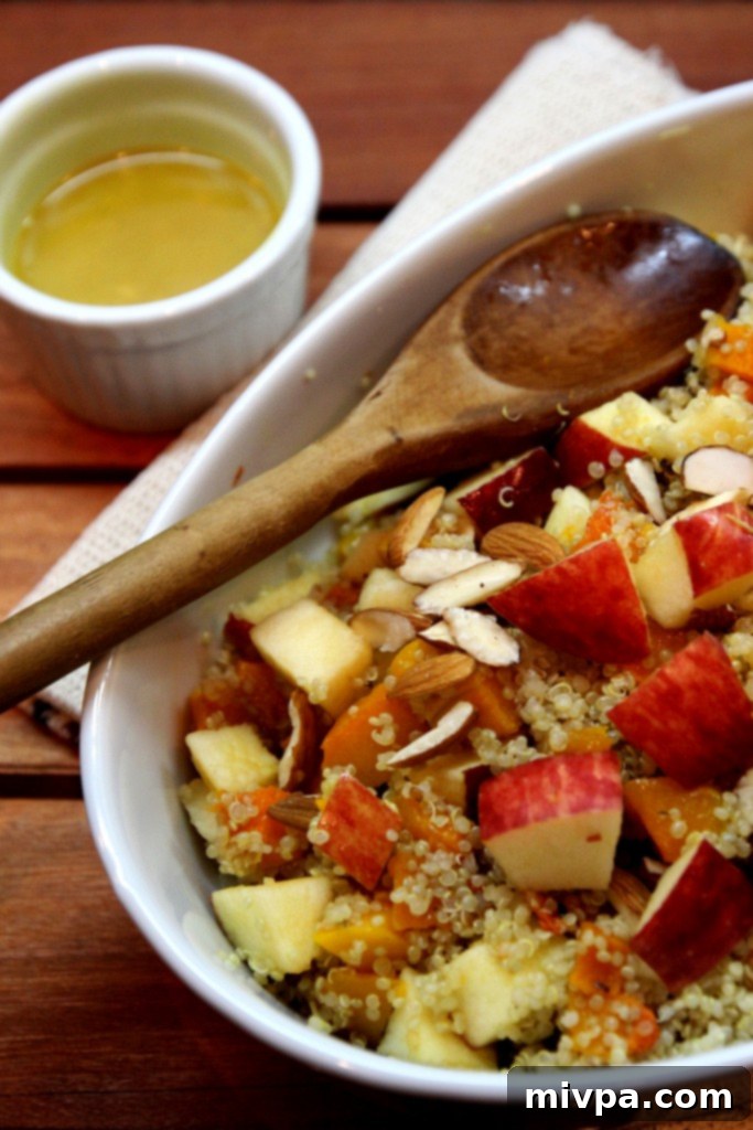 The finished Apple, Butternut Squash, and Quinoa Salad with Honey Mustard Dressing, ready to serve