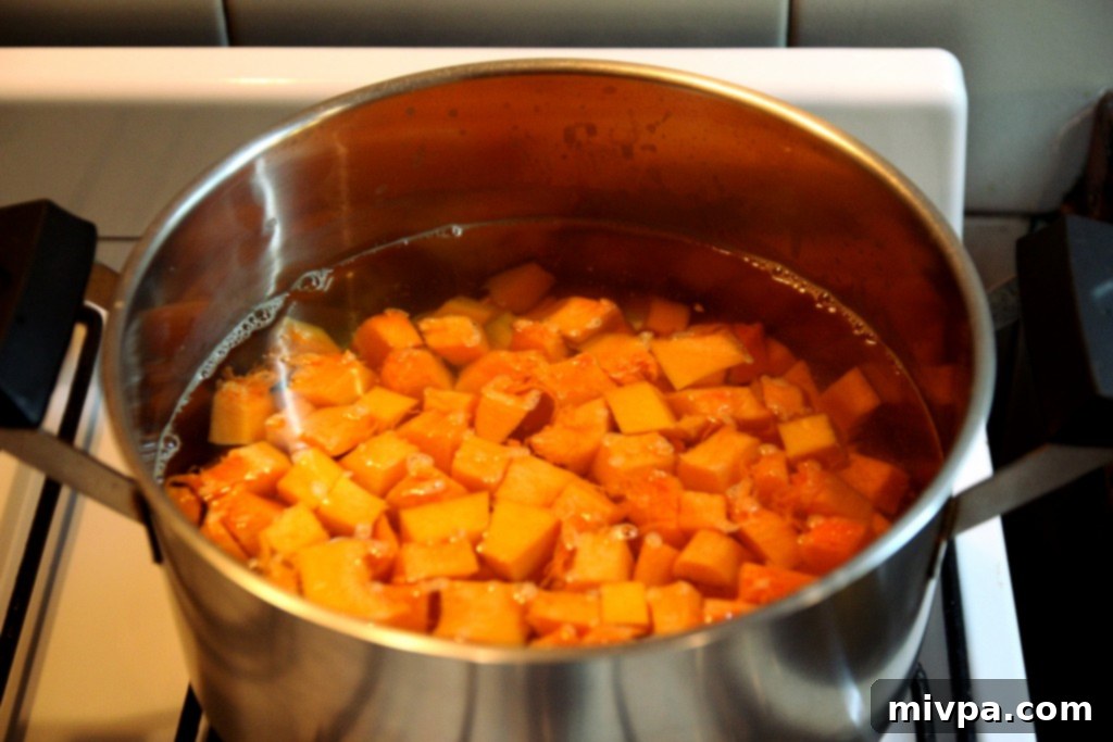 Blanching butternut squash for the salad
