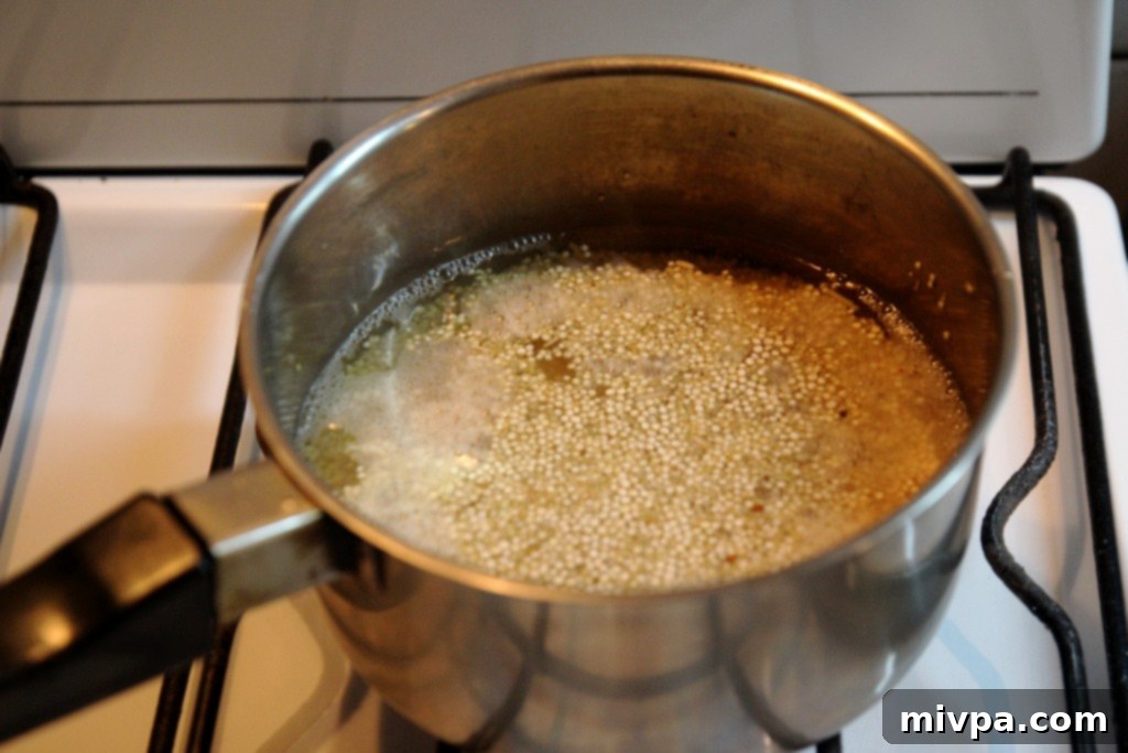 Quinoa and water combined in a pot, brought to a boil for cooking