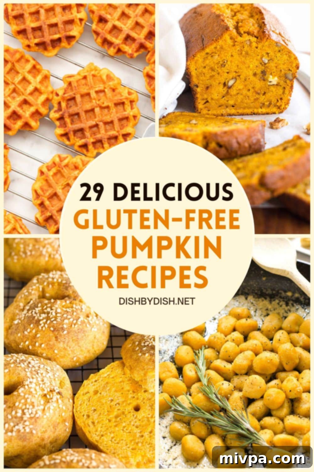 29 Irresistible Gluten-Free Pumpkin Recipes for Fall 2 Collage of images of pumpkin recipes including bread, pie, muffins, and soup