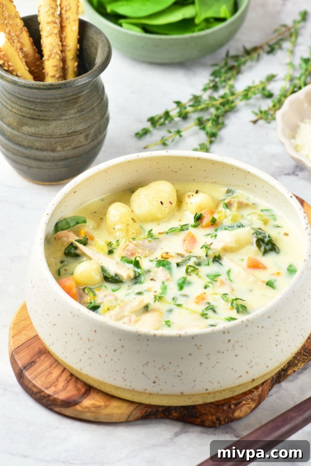 Creamy Chicken Gnocchi Soup (Gluten-Free, Dairy-Free) A beautifully presented bowl of creamy chicken soup with delicate gnocchi and fresh herbs.