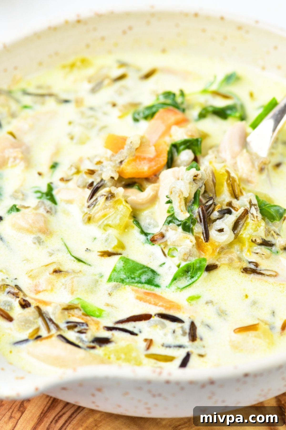 Creamy Chicken Soup with Wild Rice (Gluten-Free, Dairy-Free) Up close view of creamy chicken soup with wild rice, highlighting the texture of rice and chicken.