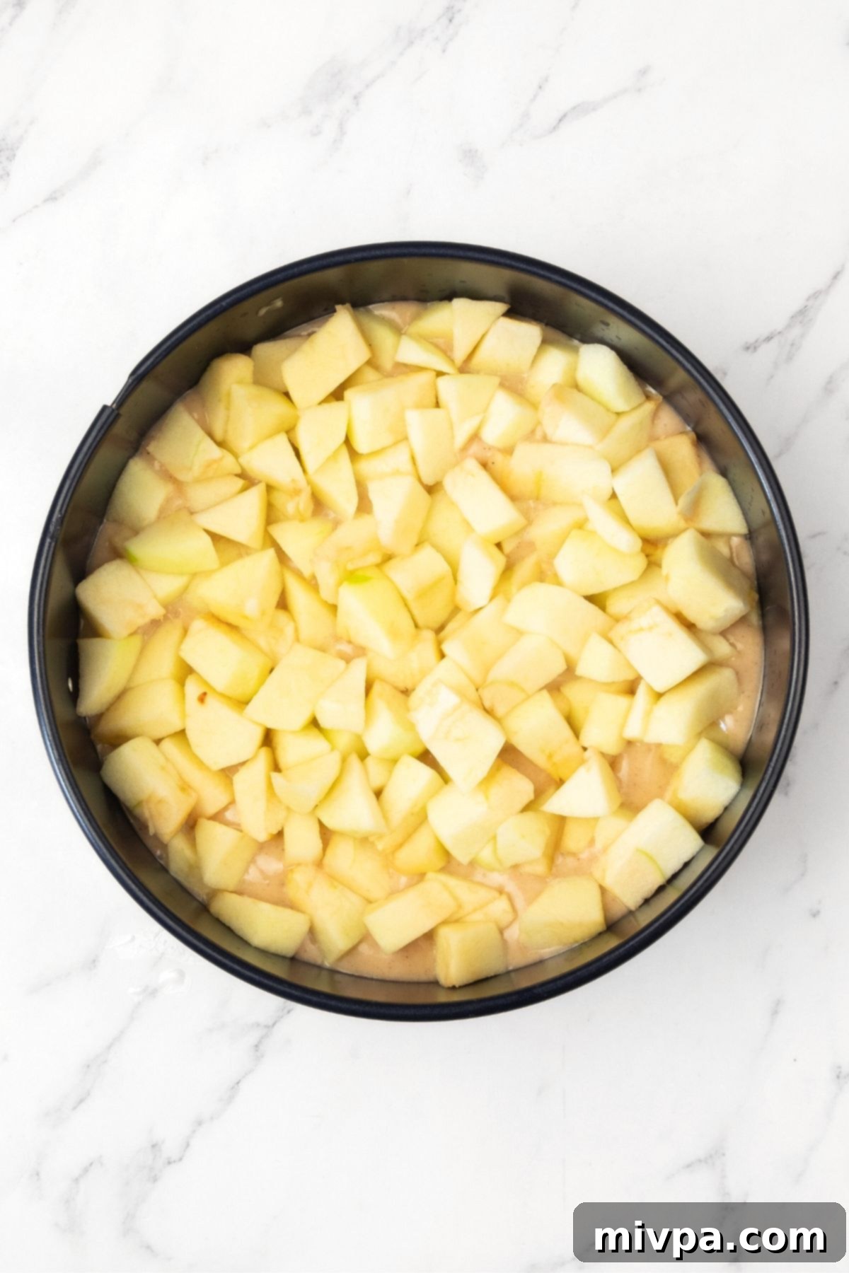 Baking Gluten-Free Dairy-Free Apple Swedish Cake Cubed apple pieces distributed evenly on top of the cake batter in a round springform pan, ready for baking.
