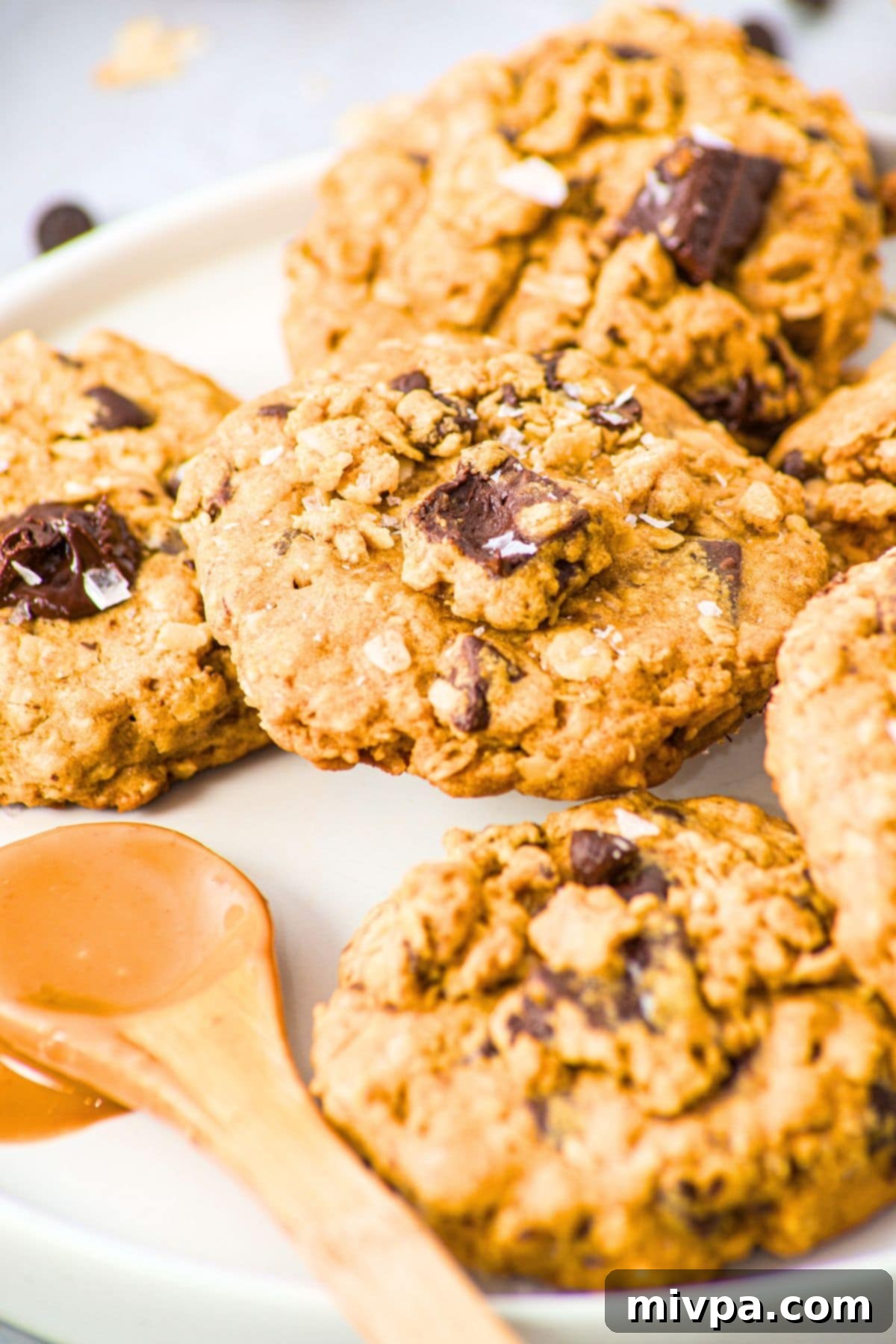 Up close view of a plate piled high with golden-brown PB chocolate chip oatmeal cookies, showcasing their chunky texture and melted chocolate.