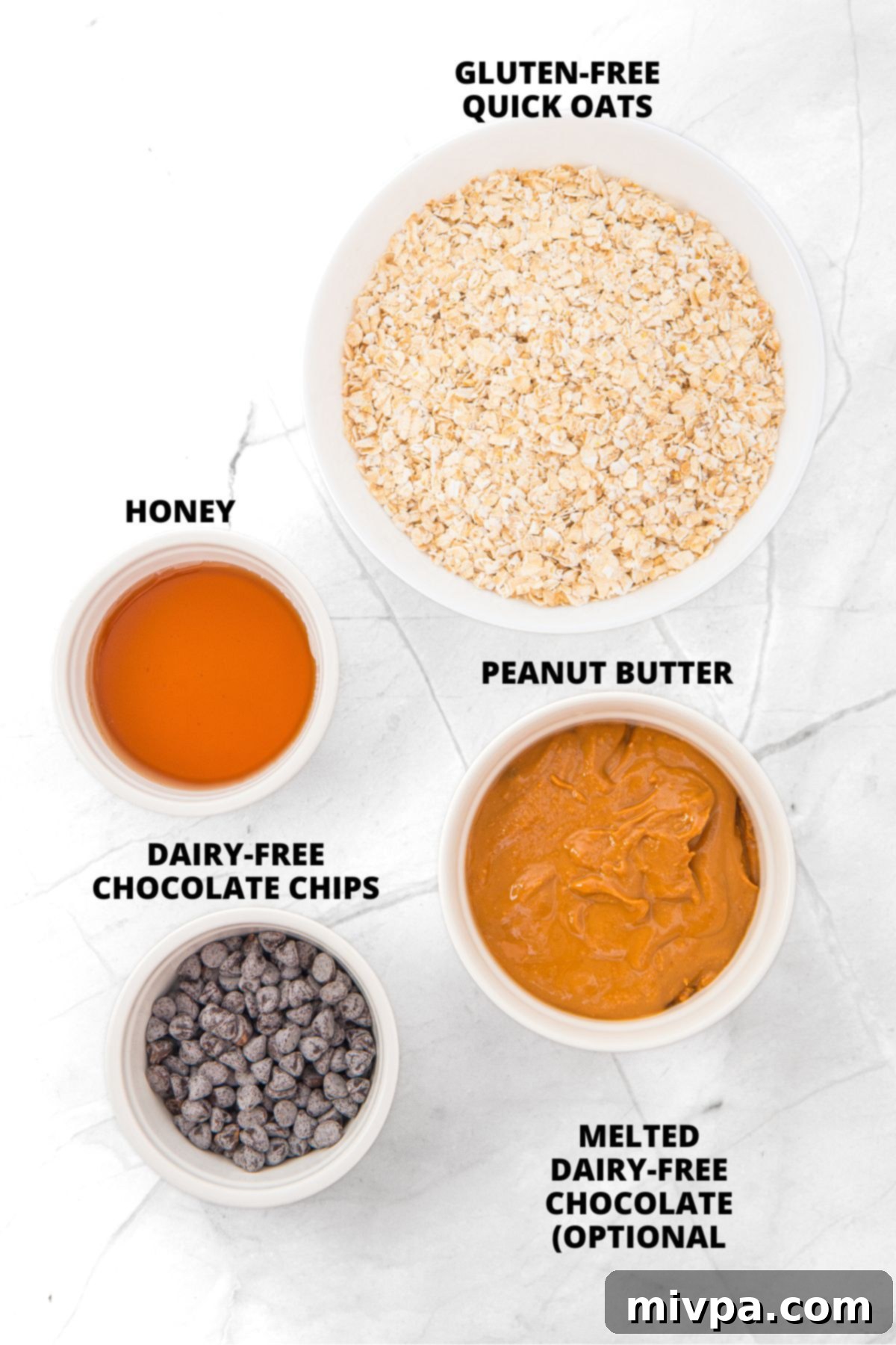 Peanut Butter Oatmeal Balls Recipe (Gluten-Free, Vegan) Ingredients for peanut butter oatmeal balls recipe on marble board