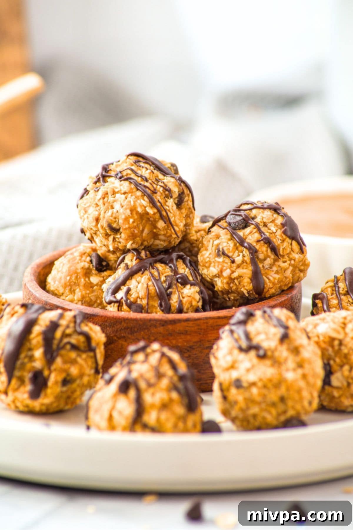 Oatmeal Peanut Butter Protein Balls Up close view of oatmeal peanut butter protein balls