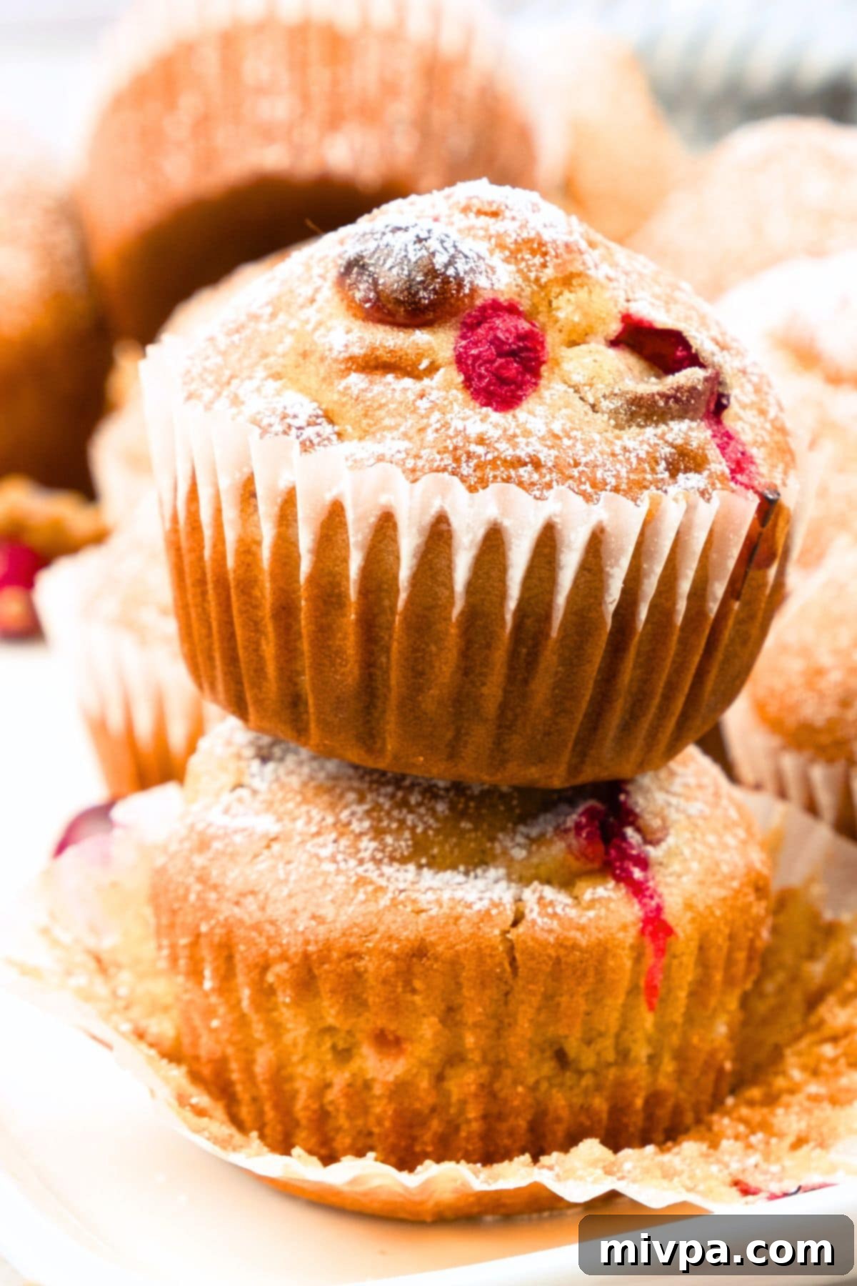 Gluten-Free Cranberry Orange Muffins (Dairy-Free) A stack of gluten-free cranberry orange muffins, showcasing their tender texture and vibrant cranberry speckles.