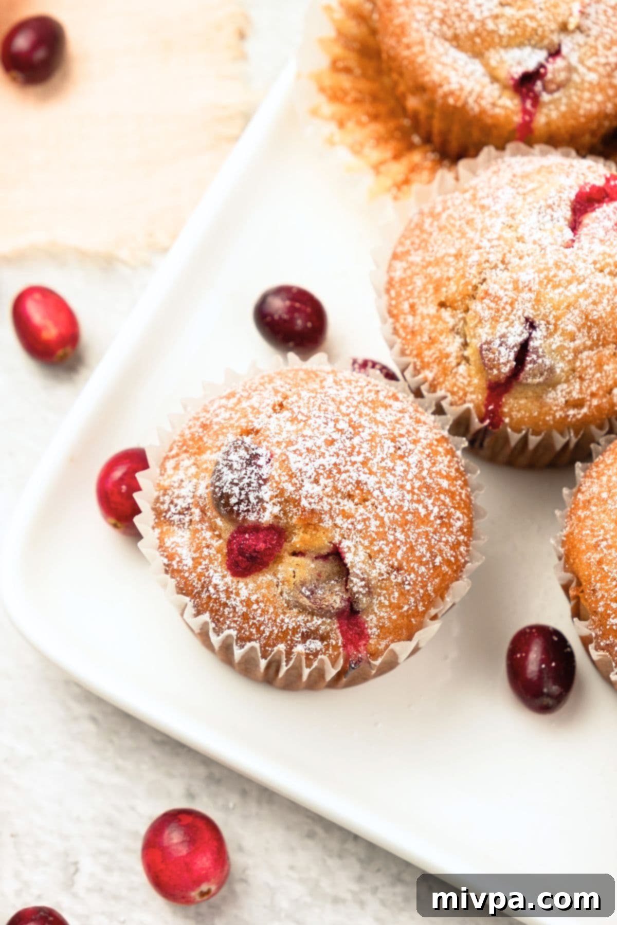 Zesty Gluten Free Dairy Free Cranberry Orange Muffins 2 Baked cranberry muffins on a cooling rack, lightly dusted with powdered sugar.