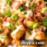 Up close view of loaded tater tots