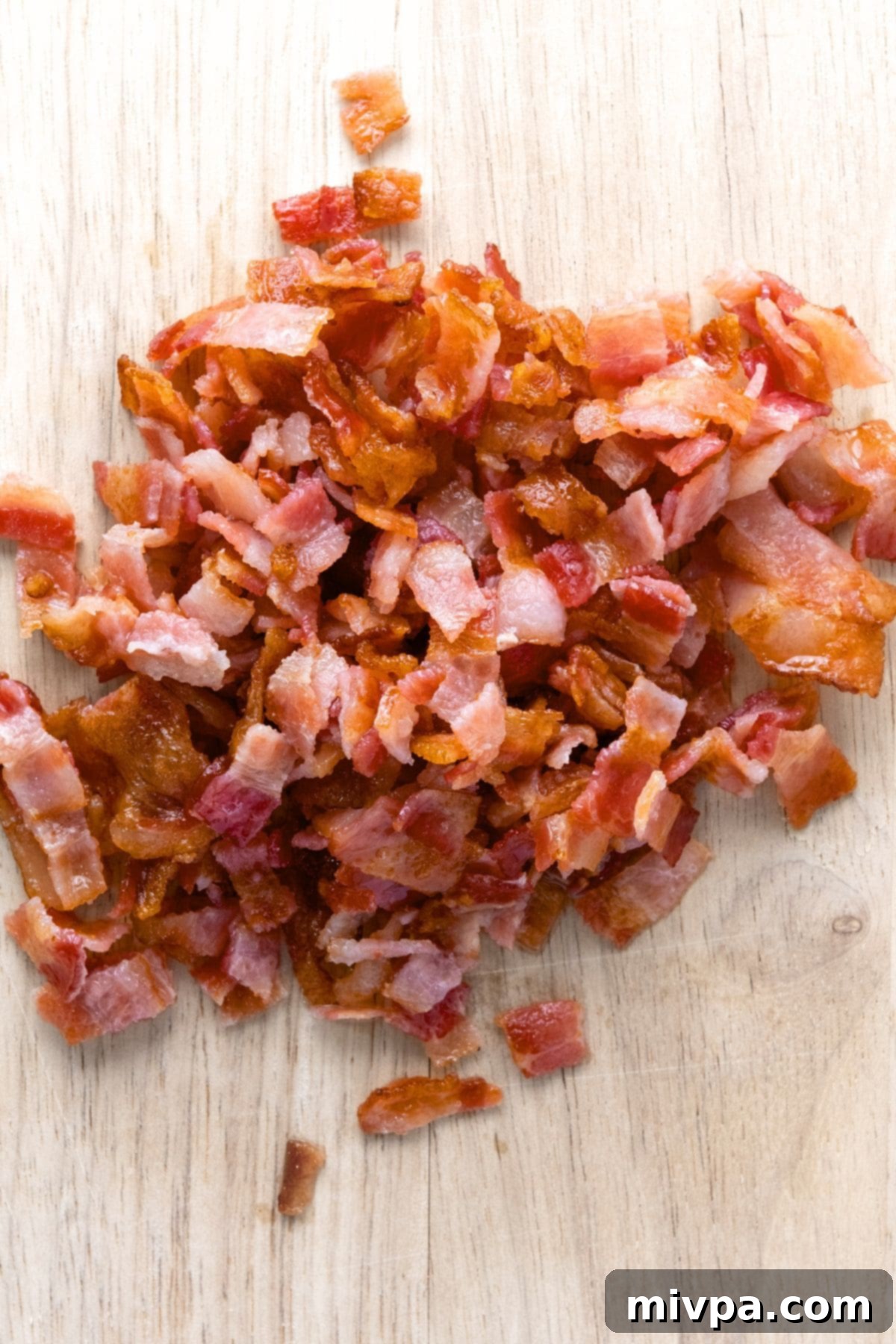 Chopped Bacon Bits Chopped bacon bits on wooden board